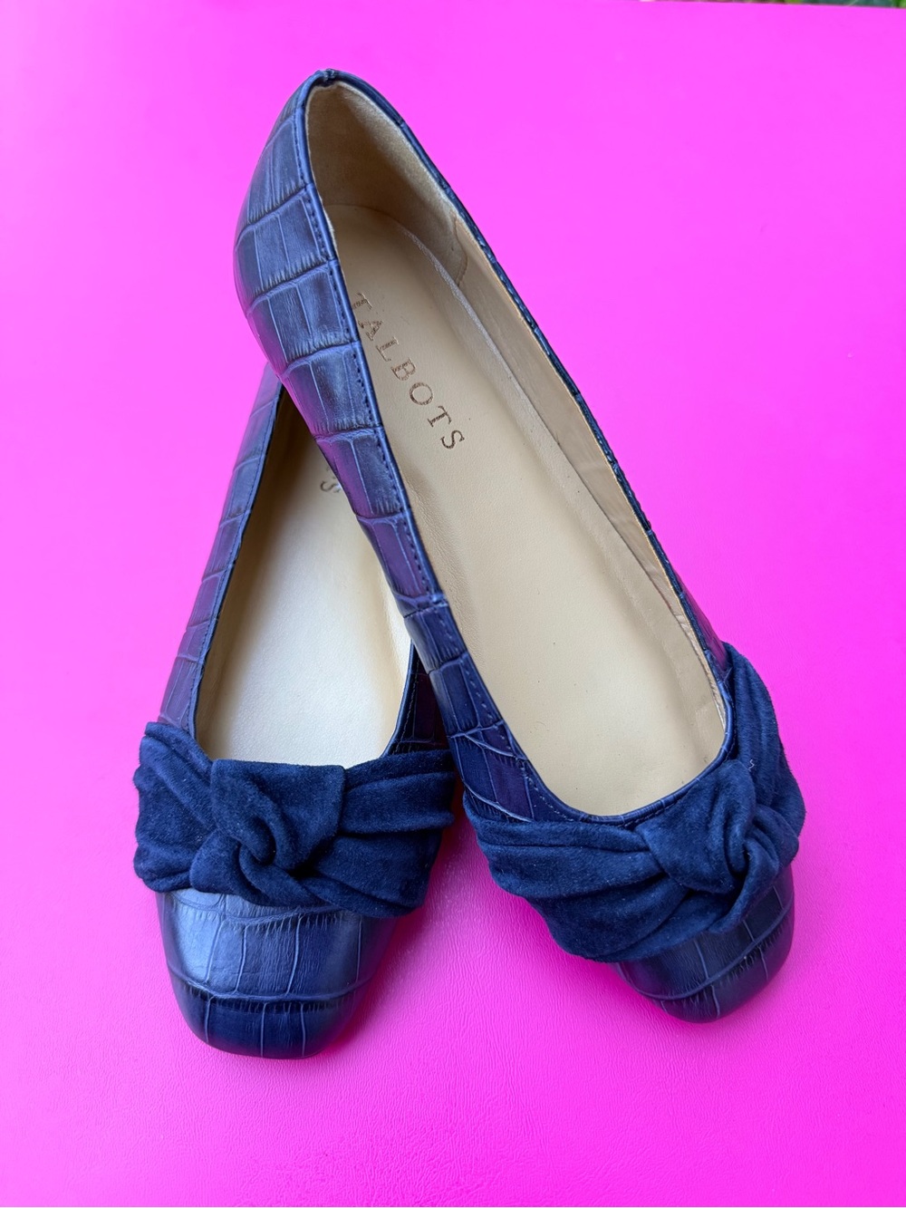 Talbots Stella Navy Croc Embossed Leather Ballet Flats Suede Knot Bow Shoes 5